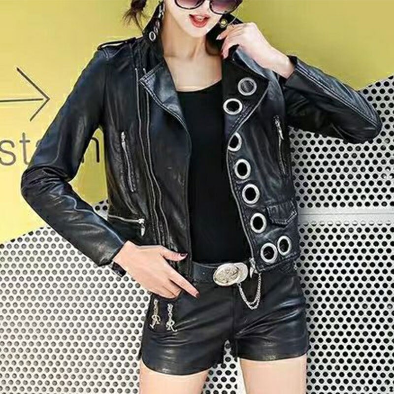 Chaqueta de cuero de las mujeres de Otoño de nueva desenfadada de la PU de cuero de las mujeres chaqueta Casual ropa informal suelta de Metal agujero mujer chaqueta: S
