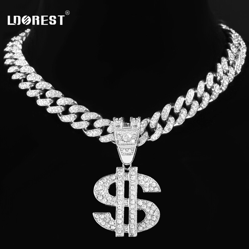 Men Women Hip Hop Big Dollar Pendant Necklace 13mm Miami Cuban Link Choker Chain Necklaces Bling Bling Charm Statement Jewellery