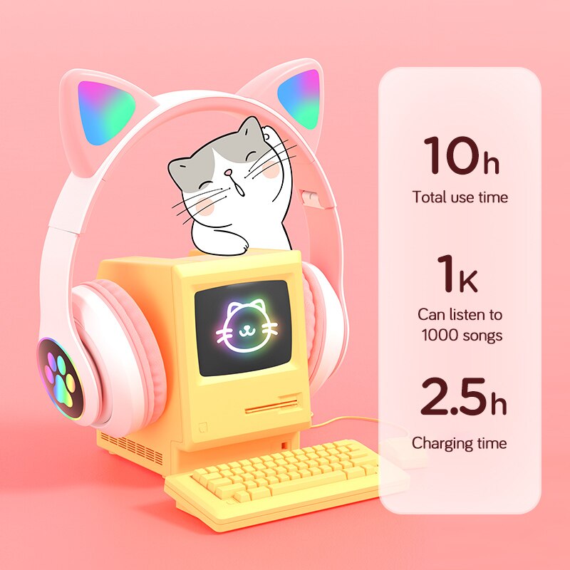 Wireless Headphones for Kids & Adults - RGB Cat Ear Bluetooth 5.0 with Mic, Noise Cancelling, TF Card Support