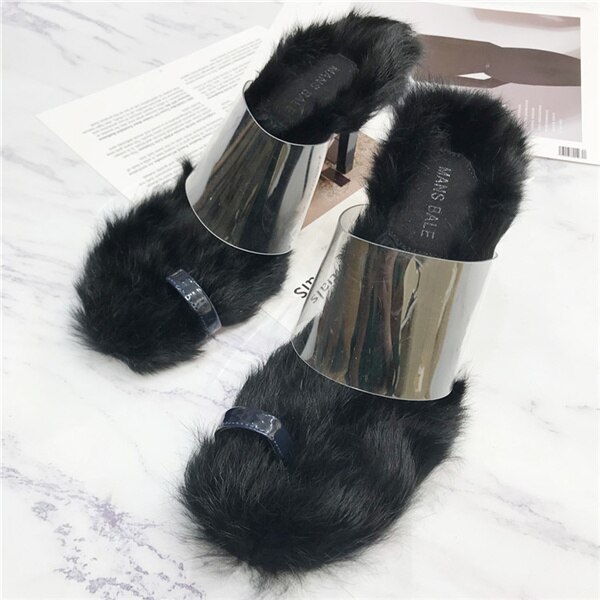 Chinelos peludos, chinelos, sandálias, plástico transparente, com dedos dos pés abertos, sapatos de salto alto de pele de coelho, sapatos de estilete: 1 / 39