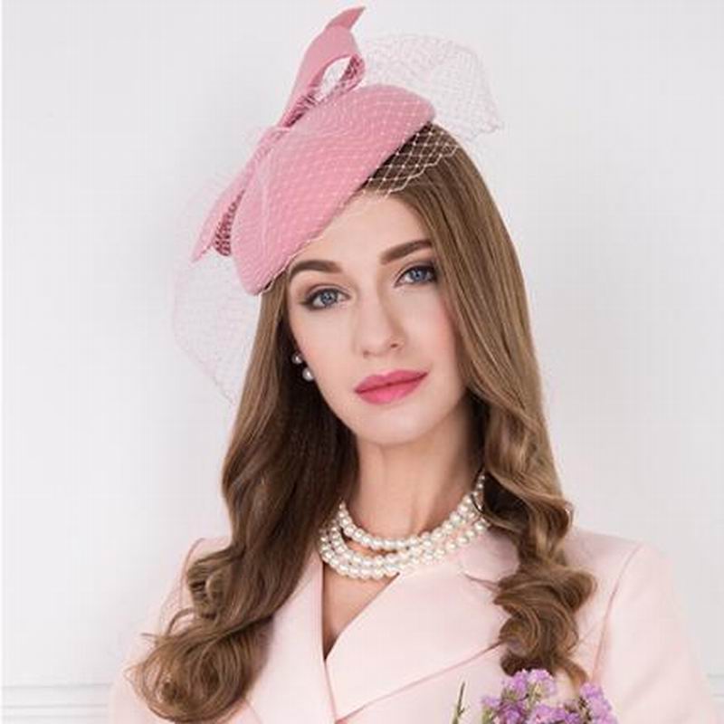 100% Wool Fedora Hat Fascinators for Women Pink Wedding Dress Tea Party Pillbox Woolen Cap Female S3070: Default Title