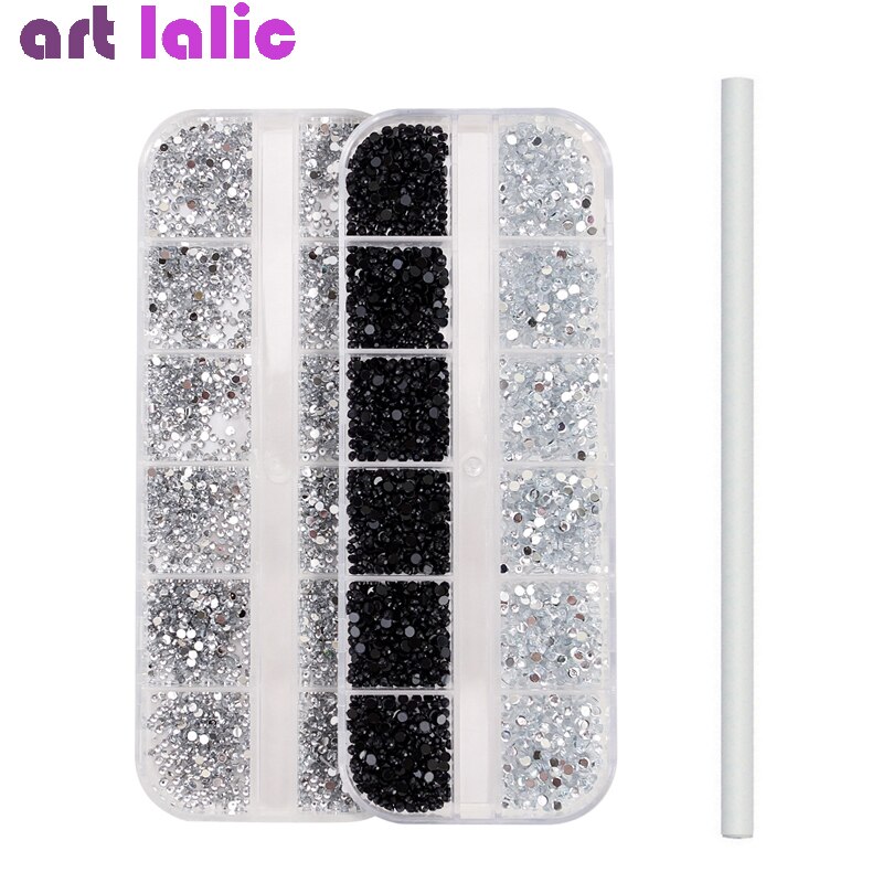 1.5 Mm + 2.0 Mm Nail Rhinestones Met Puntjes Pen Platte Bodem Helder Zwart Wit Glitters Container Case Diy Nail art Decoraties: Black white clear