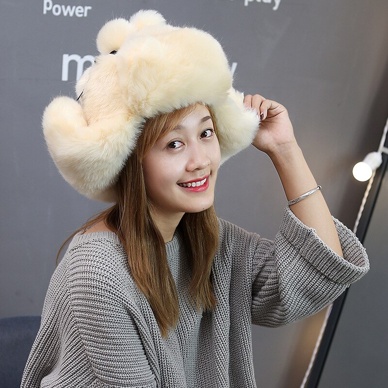Winter Thick Warm Hats Faux Rabbit Fur Russian Fur Cap Bomber Hat Lady Ski Outdoor Fur Caps: Beige