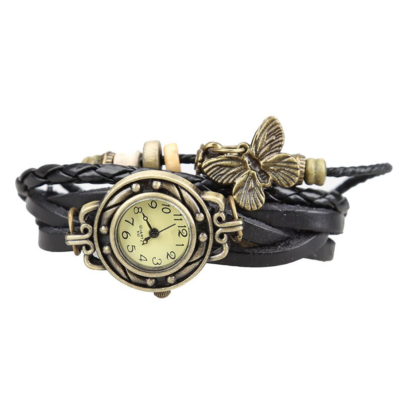 Vrouwen Retro Armband Polshorloge Weave Wrap Faux Lederen Vlinder Kralen Hanger Chain K2: Black
