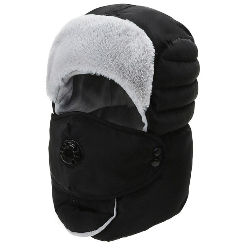 Bomber Hat Men Women Winter Hat with Mask Thick Warm Russian Hat Windproof Earflap Trapper Cap Unisex Snow Ski Fur Hat: Black