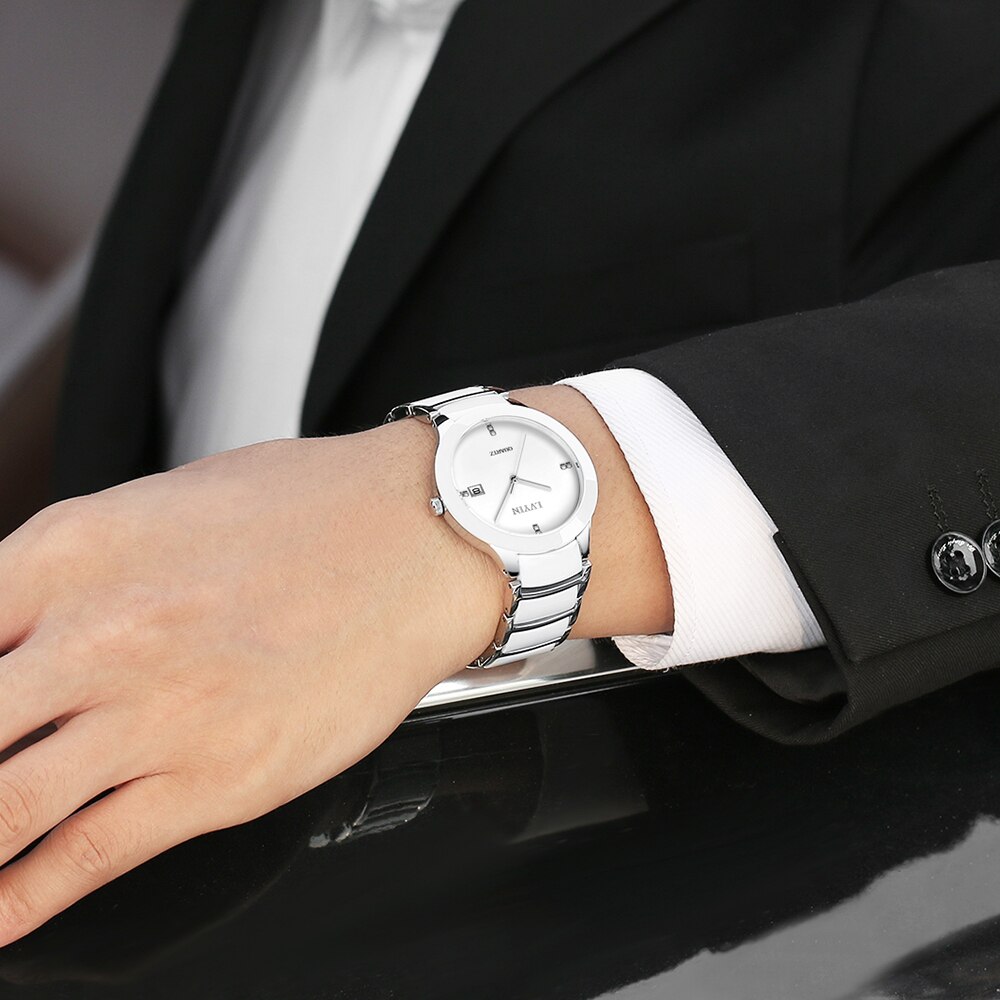 Lvyin Vrouwen Rvs Quartz Horloge Met Keramische Band, Witte Jurk Horloge Eenvoud