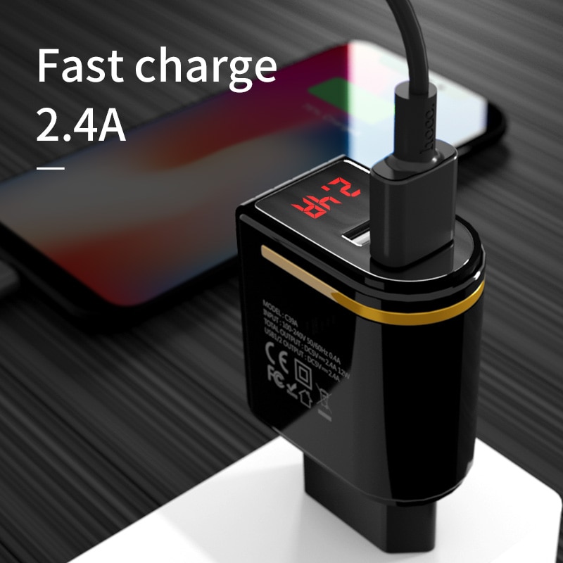 HOCO 5V2.4A 2 Ports USB Wall Fast Charging Charger EU US Plug Power LED display Adapter For iPhone X XS XS Max XR Samsung xiaomi