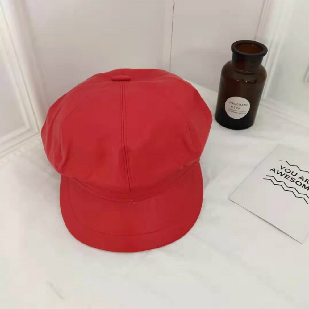 Chapeau béret en cuir pour femme | Automne, hiver chapeaux octogonaux, casquette plate, casquette chaude solide pour femme: Rouge