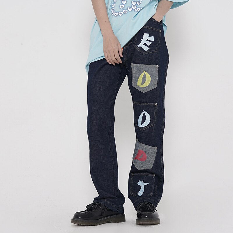 Retro Streetwear Letter Pocket Stitching Jeans Men and Women Straight Oversize Ripped Washed Denim Trousers Hip Hop Loose Pants