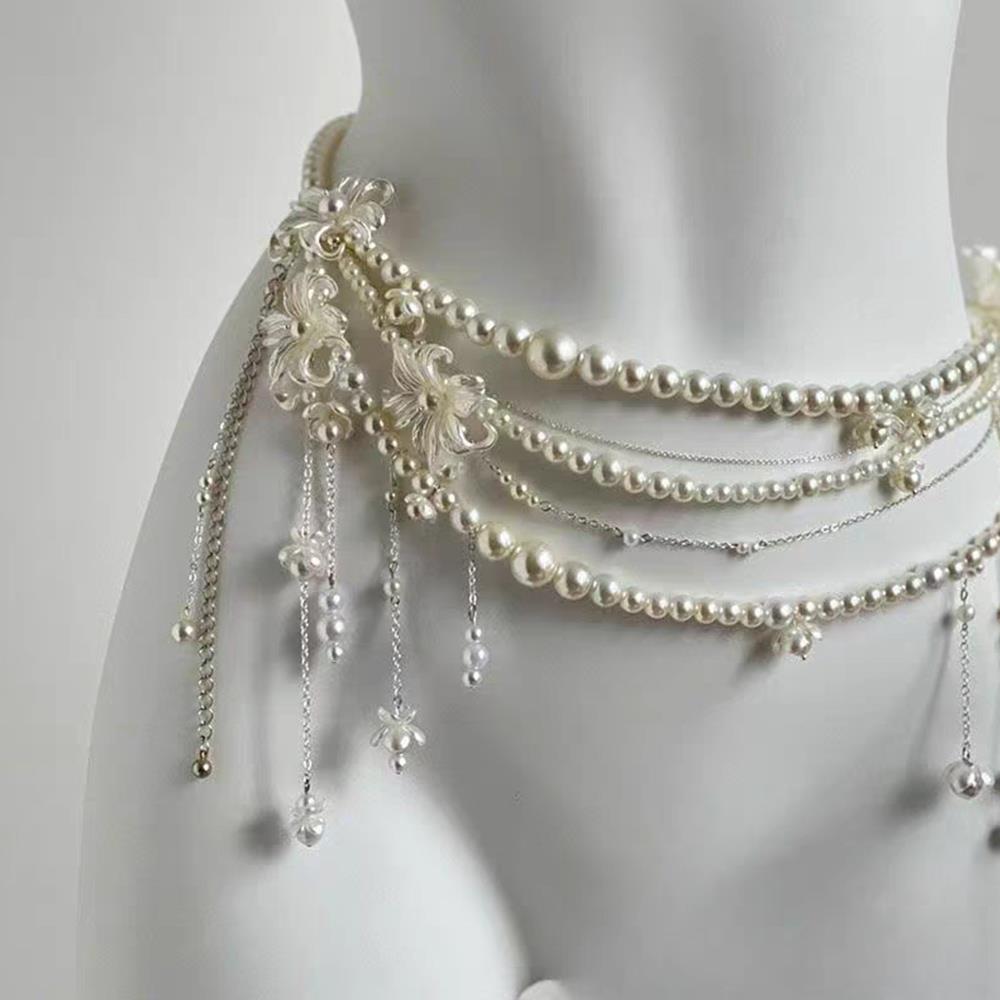 Sexy Geometrische Parel Taille Ketting Voor Vrouwen Bloem Kwastje Dubbellaags Kralen Ketting Riem Streetwear Zomer Mode Lichaam Sieraden