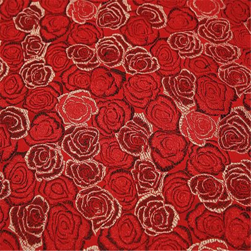 Tela de brocado de poliéster con de rosas rojas, tejido de Jacquard con estampado Floral para vestidos de novia y boda