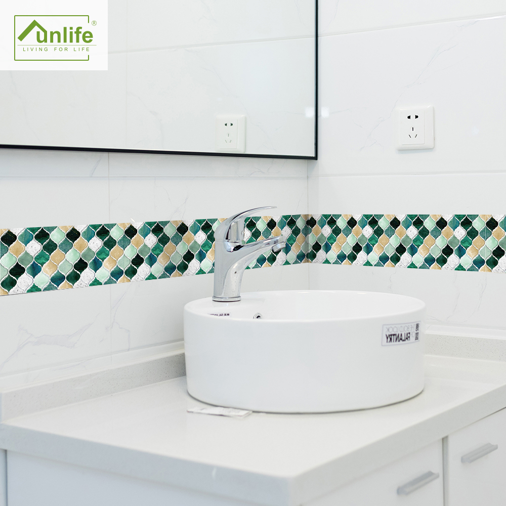 Funlife® Green Yellow Mosaic Wall Stickers Vinyl Wall Border Eco-Friendly PVC Self-Adhesive Oil-Proof Tile Stickers for Bathroom: 10x200cmx5rolls