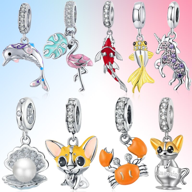 muszla delfin flaming karp placki krab jednorożec urok bijoux emaliowane koraliki 925 srebro oryginalny patelnia bransoletka dama DIY biżuteria
