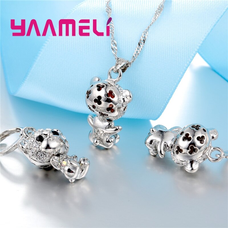 Cool 925 Sterling Silver CZ Stone Animal Bear Charms Necklace Hoop Earring Pendant Jewelry Sets Best for Female