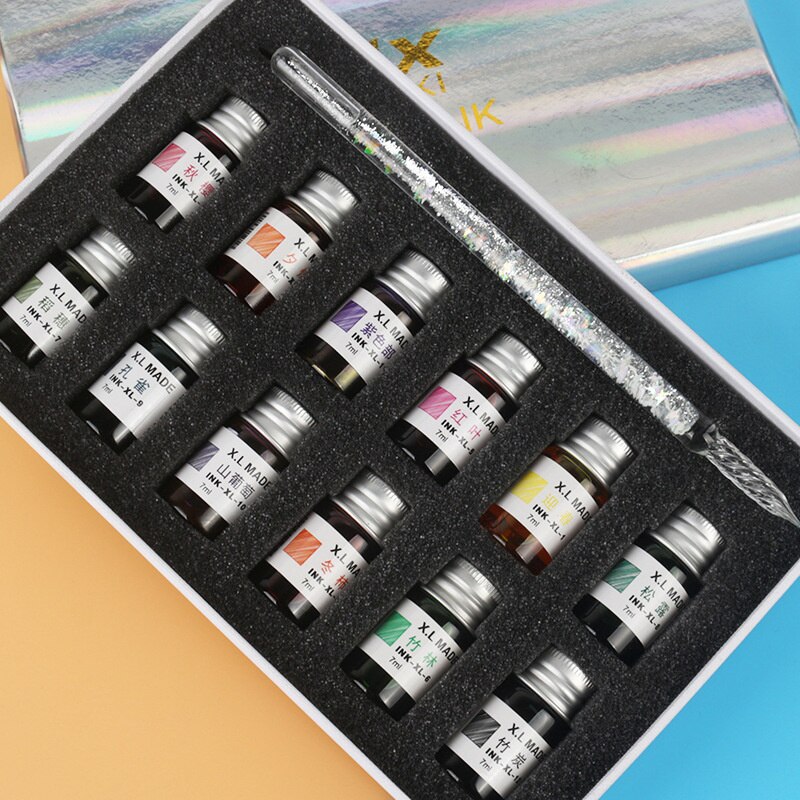 7/13pcs Glass Dip Pen And Blue Ink Sets Box Sequin Series Signature Pencil Handicraft Dip Pens Glass Pencils: Sequin White
