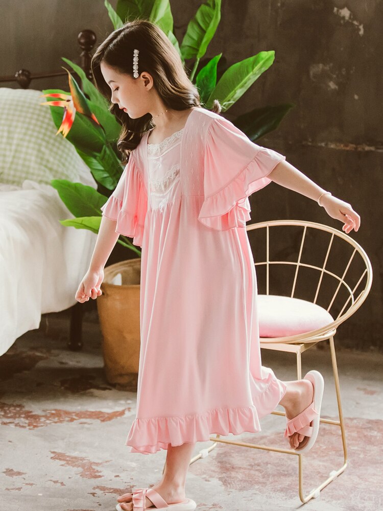 Girls Nightgown Lace Nightdress Pajamas Princess Sleepshirts Vintage Royal Long Sleeve Nightwear Children Lounge Sleepwear