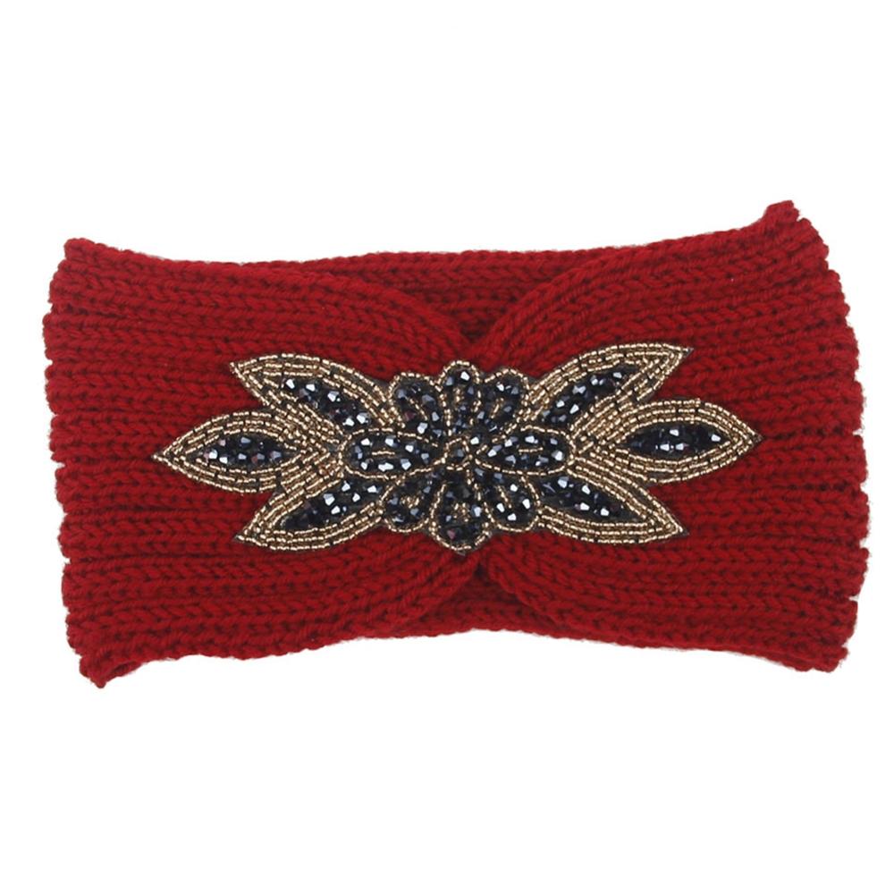 Winter Warmer Oor Gebreide Hoofdband Boog Strass Hoofddeksels Voor Vrouwen Meisjes Europese Effen Tulband Brede Haarband: Deep red