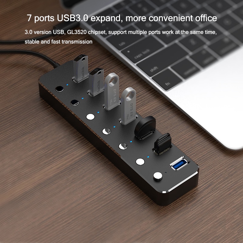 Aluminium 7-Port Usb 3.0 Hub 60/120Cm Kabel Sub-Schakelaar 5Gbps Led Indicator hub Oplaadbare Splitter Voor Multi Usb Apparaten