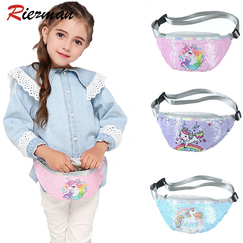 RIEZMAN Cartone Animato Unicorno Sacchetto Della Vita Delle Ragazze Paillettes Stampe Di Moda Pacchetto di fanny Bambini Cinghia Della Spalla Borse per Le Donne Borsa Petto Sacchetto Della Vita