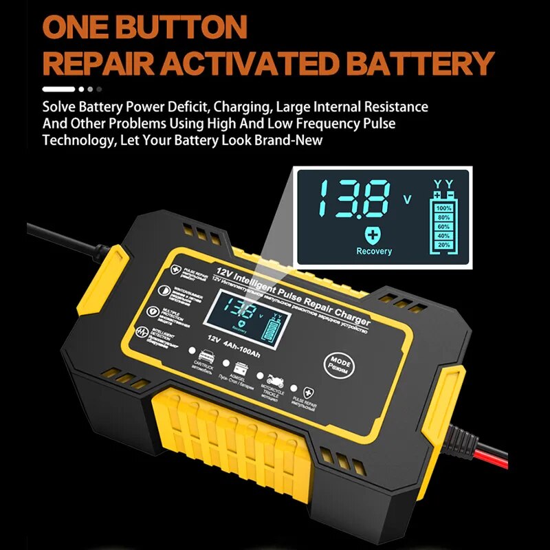 12V 6A Volautomatische auto-acculader Power Pulse Repair-laders Nat Droog Loodzuuracculaders Digitaal LCD-scherm