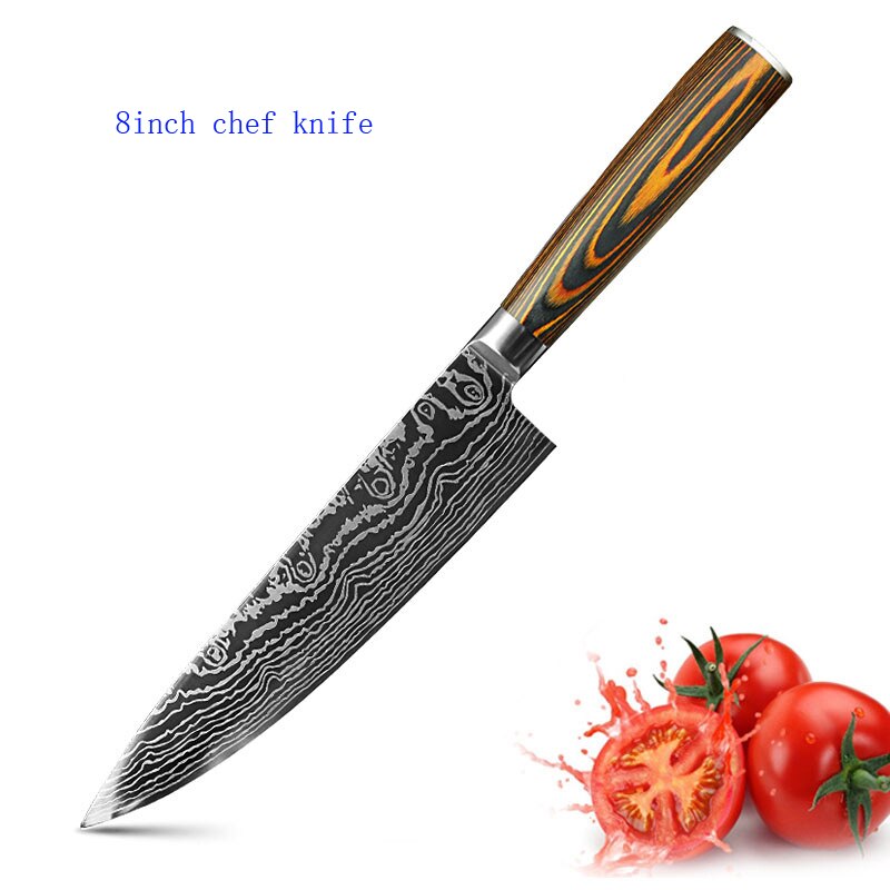 Køkkenkniv 8 tommer kokkeknive 7 cr 17 440c rustfrit stål med høj kulstof damaskus tegning gyuto spaltesæt skiver santoku kniv: E