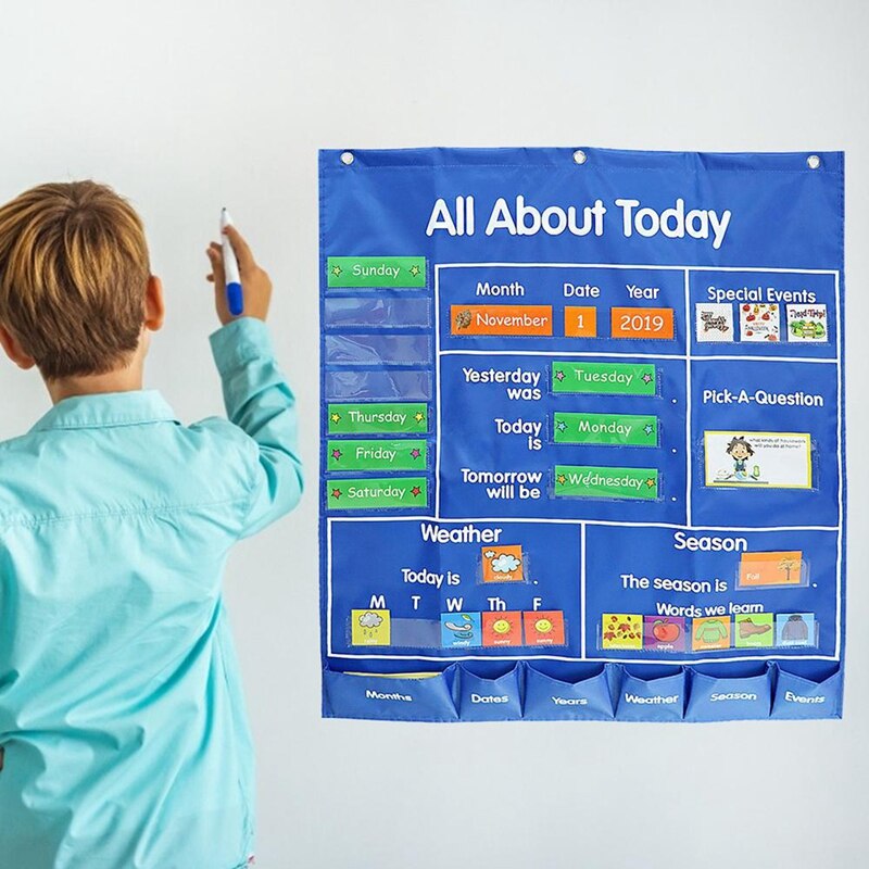 Kids All About Today Pocket Chart Daily Classroom Calendar Board Hanging Bag Child Educational Learning Pocket Chart