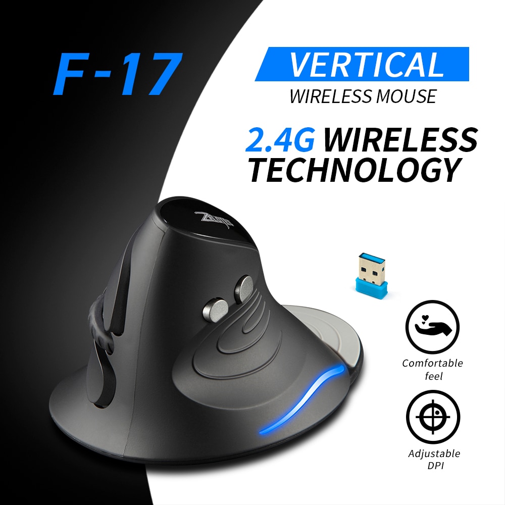 ZELOTES-ratón óptico F-17 para juegos, Mouse Vertical inalámbrico de 2,4 GHz, 6 teclas, ergonómico, con 3 DPI ajustables para PC y portátil