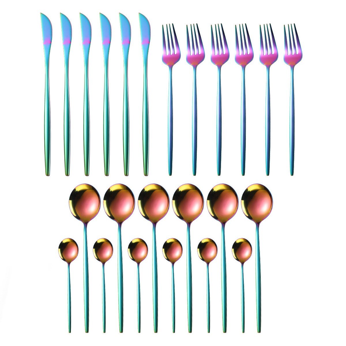 Guld servis set 24 delar gyllene bestick set rostfritt stål servis set bestick silver kniv gaffel sked box set: Regnbåge