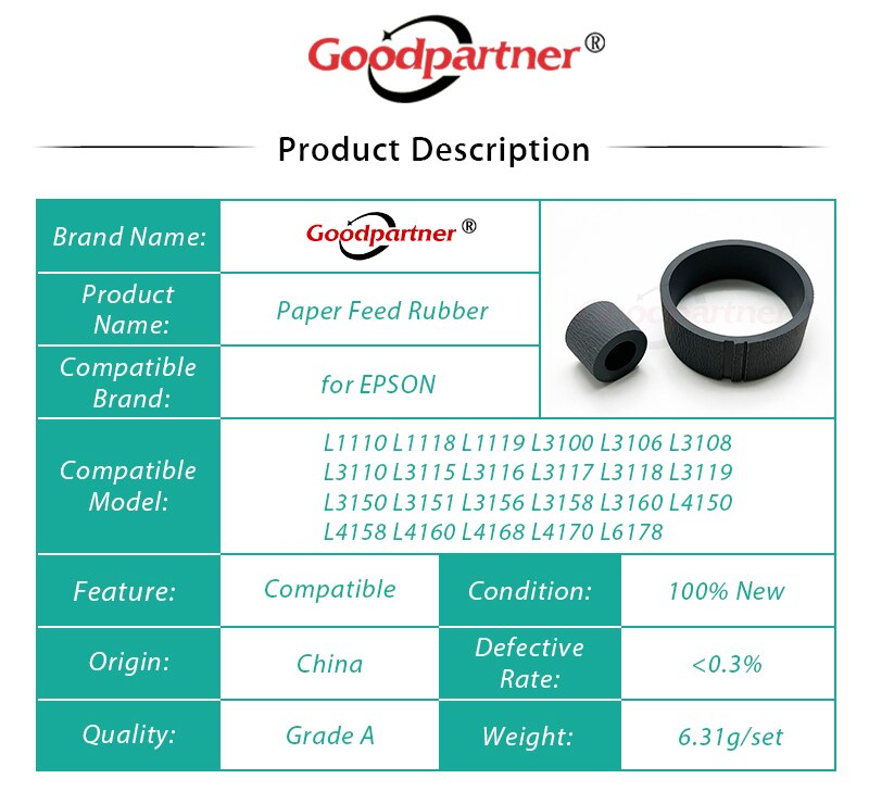 Almohadilla de separación de rodillos de alimentación para pastillas, accesorio de goma para EPSON L3110, L3150, L4150, L4160, L3156, L3151, L1110, L3158, L3160, L4158, L4168, L4170, 10 unidades