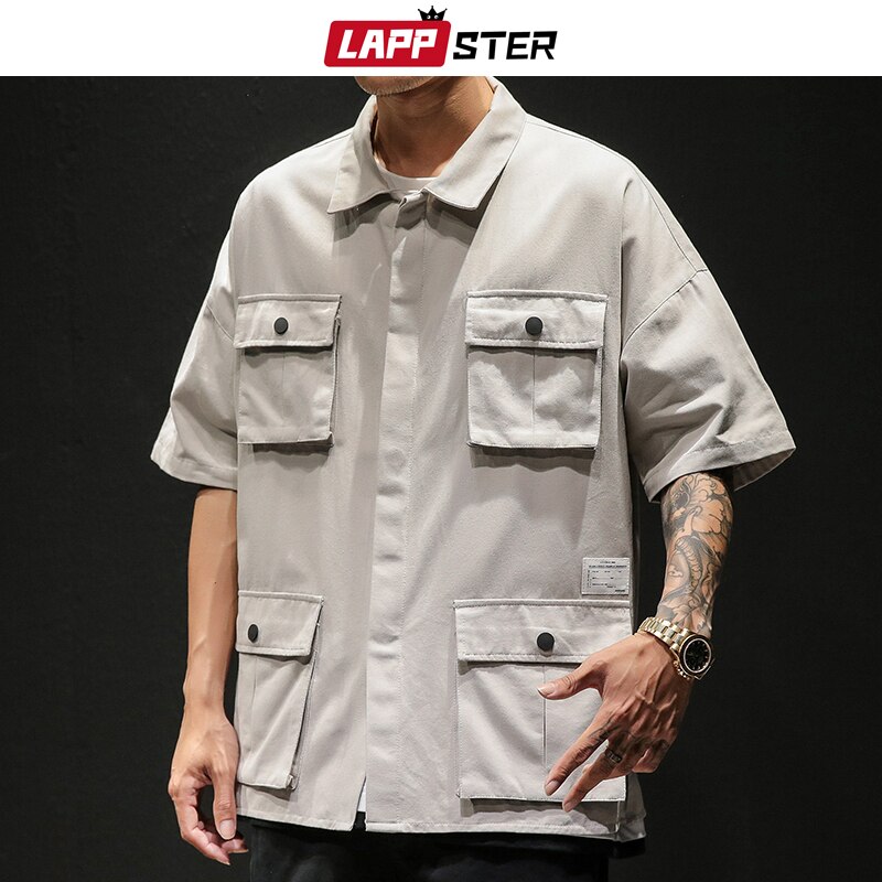Lappster menn streetwear lommer last skjorter ins moter sommer kortermede svarte skjorter mann japansk stil hofte hopp klær