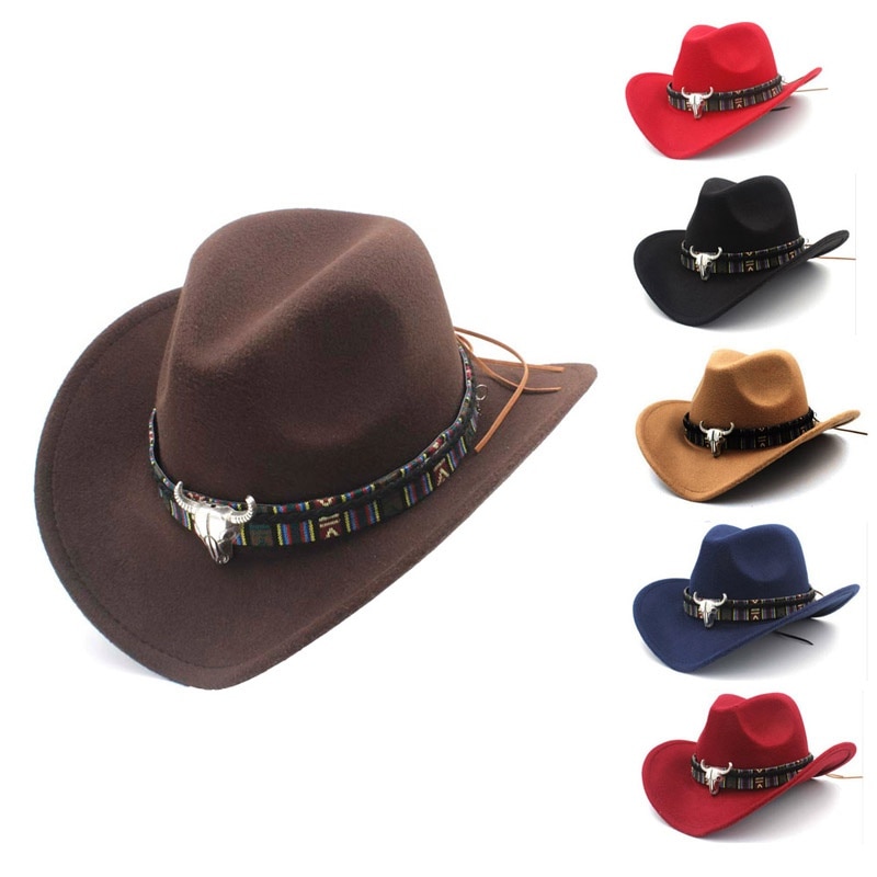 Mænd jazzhat etnisk stil uldent stof western cowboyhat uldhat europæisk amerikaner rund cowe boy kasketter bowlerhatte
