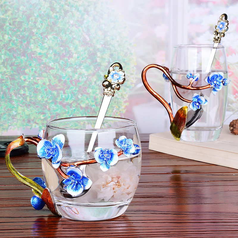 Peach Blossom and Rhinestones Decorated Enamel Coffee Cup Mug Flower Tea Glass Milk Cups Alloy Handgrip Cups and Mugs