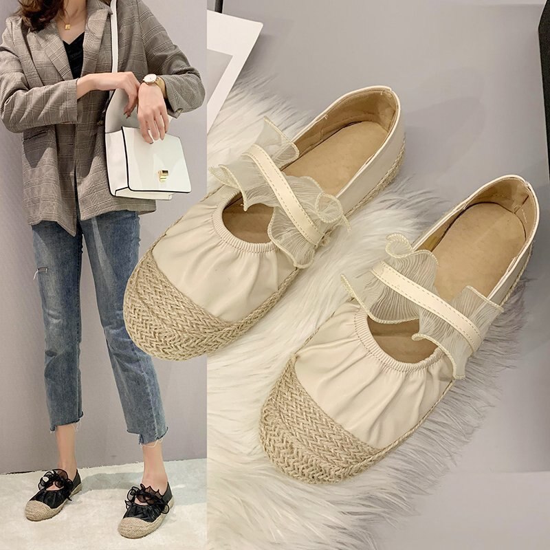 Hemp knitted cover toe flats pleated ballet shoes women preppy patchwork loafers lacework elastic band ballerina espadrilles 42