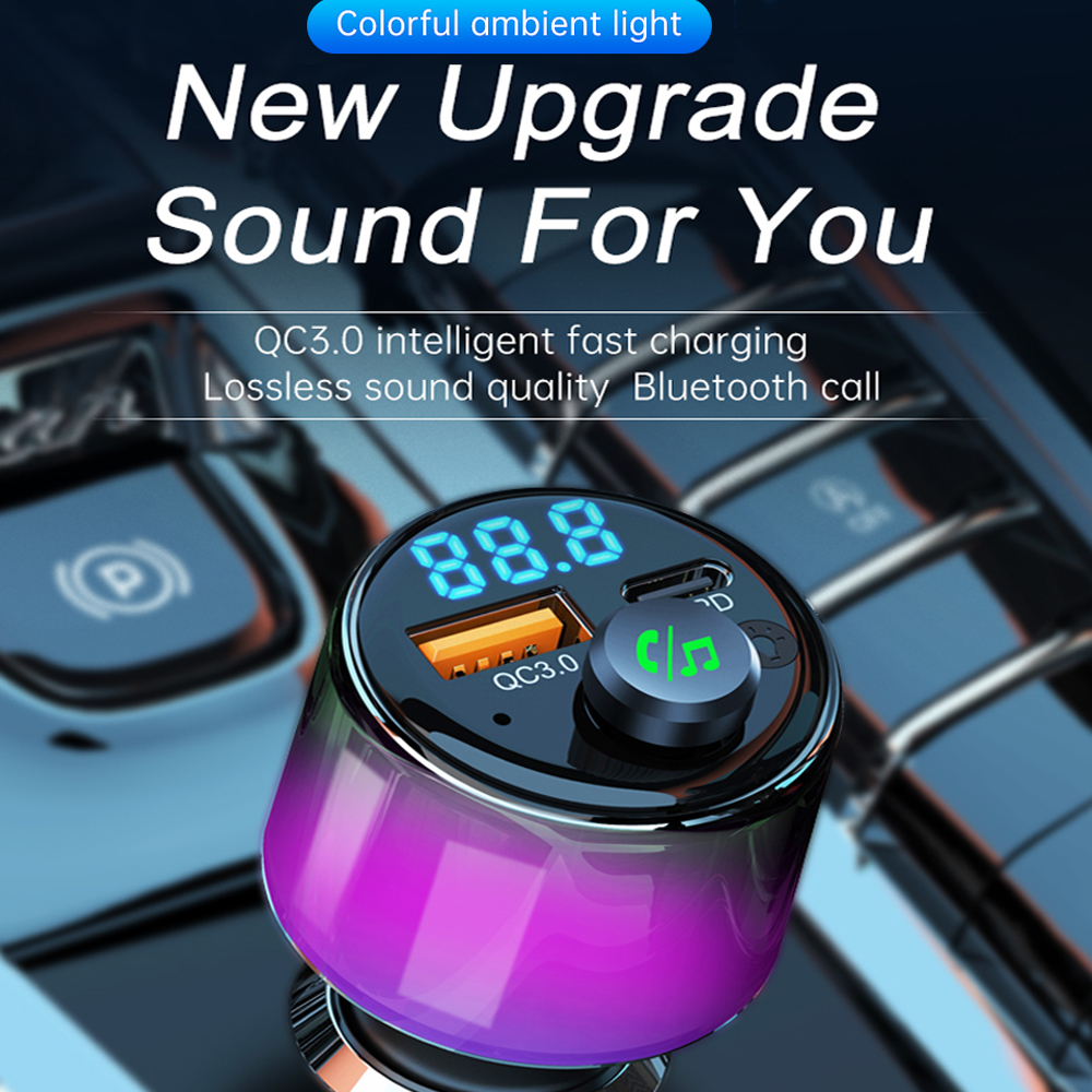 Sfeer Licht Draadloze Handfress Bluetooth 5.3 Fm Zender Pd 30W Qc 18W Dual Usb Snellader Type C Auto Snel Opladen
