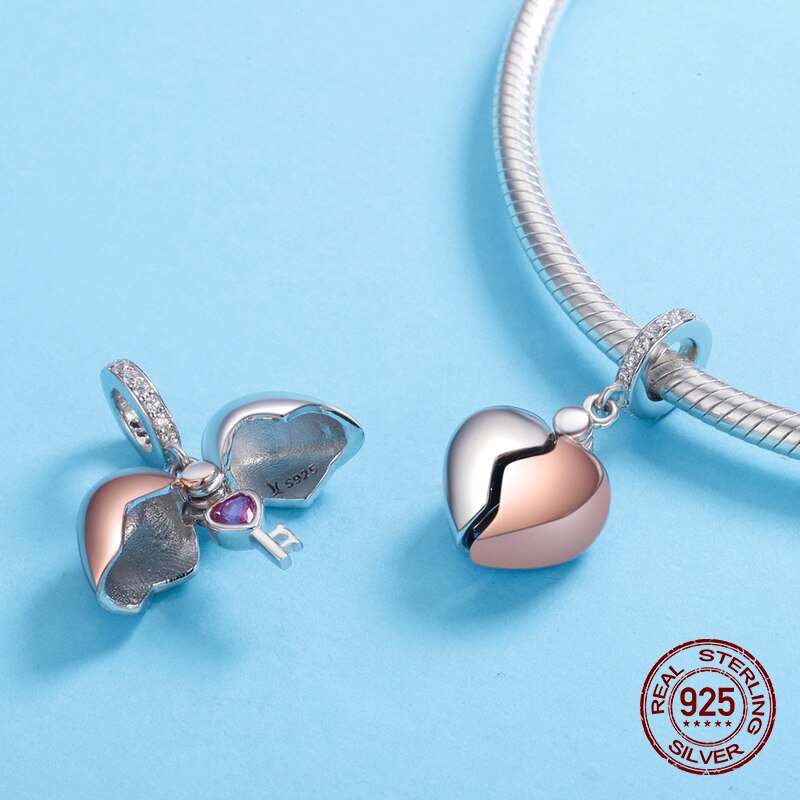 925 Sterling Zilveren Hartvormige Sleutel Hanger Fit Originele Armband &amp; Ketting Charme Kralen Vrouw Sieraden Maken
