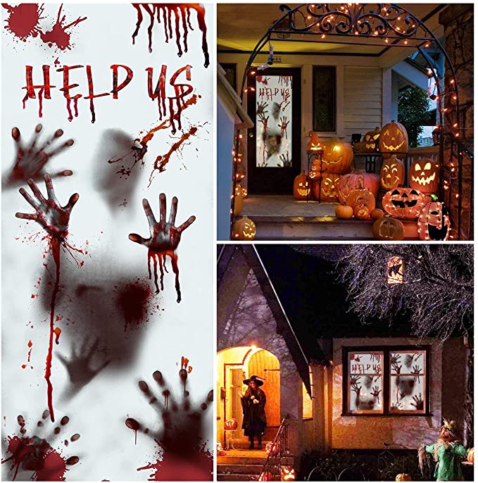 Halloween fönster dörr täcka huvudrum dekoration, läskiga blodiga handavtryck