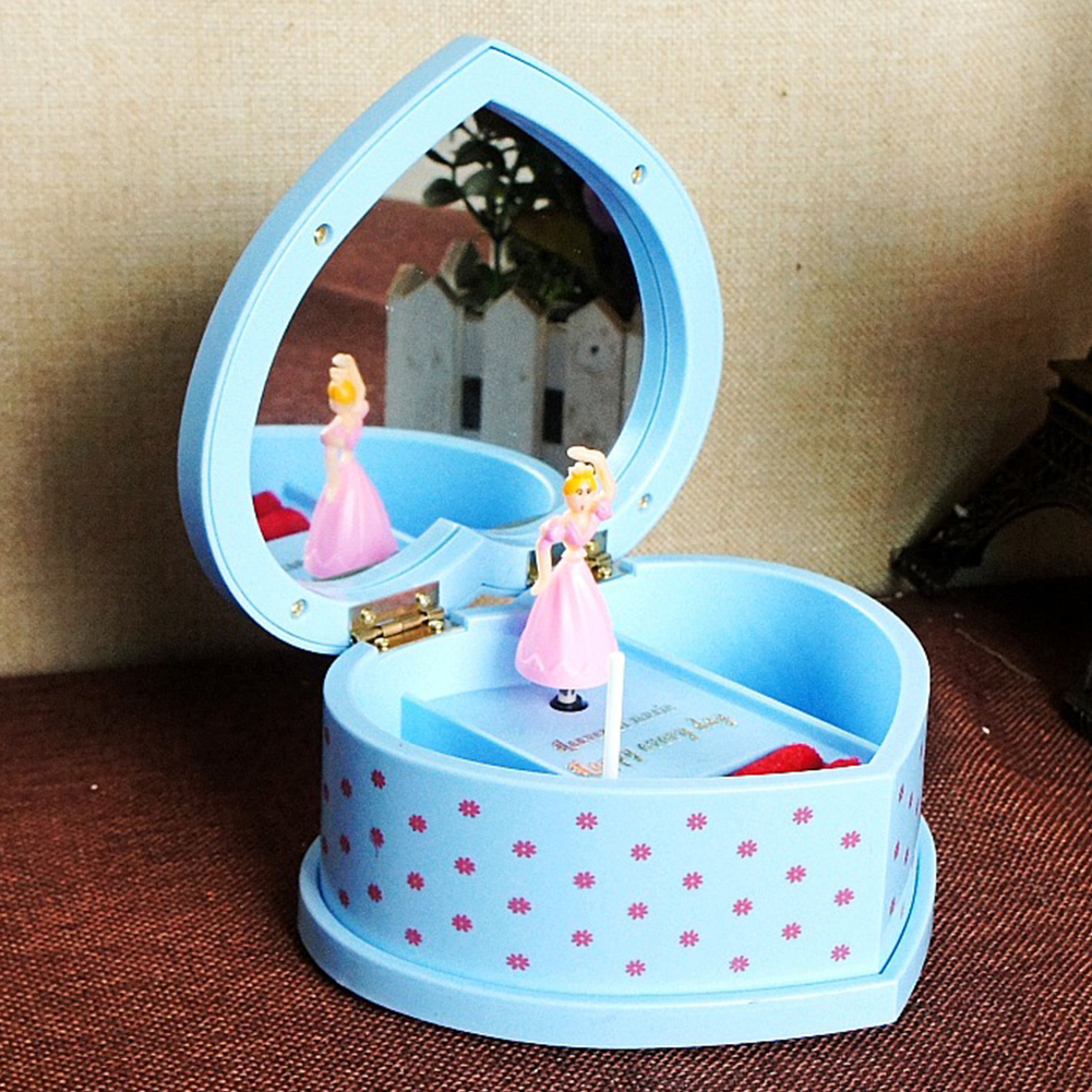 Caixa de música mecânica para aniversário, caixa de música mecânica giratória em forma de coração e com espelho de balerina, armazenamento de joias em casa, adorável