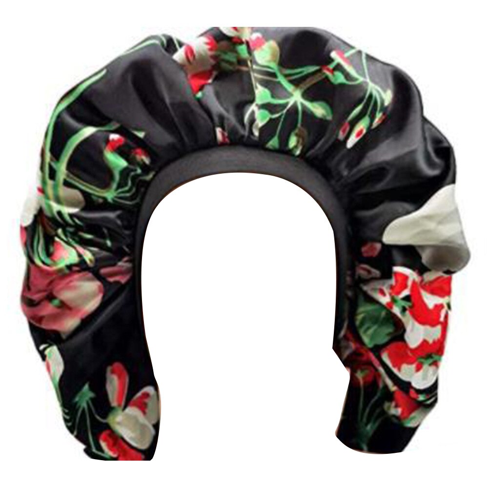 Doppel Schichten Frauen Satin Bonnet Stretch Breite-Krempe Seidige Schlummertrunk Größere Größe Dusche Kappe TB-189/190: Black Flower 1