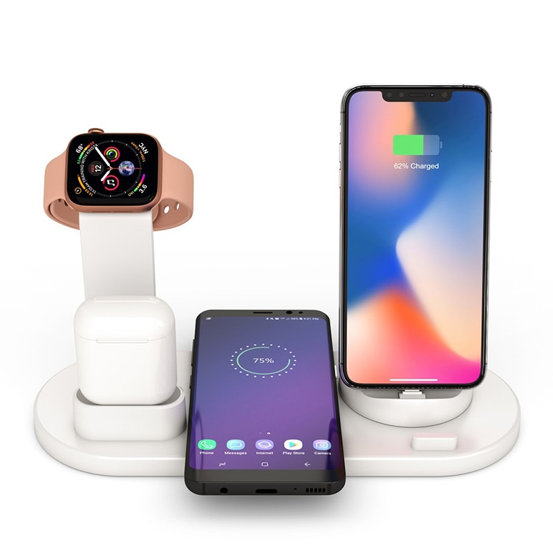Suporte de carregador sem fio qi, doca para carregamento para iphone 11 xs xr 8 plus airpods, apple watch 5, 4, 3, 2, 1 estação de carregamento rápido sem fio 10w pro