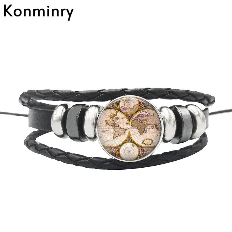 Vintage World Map Globe Leather Rope Bracelet Glass Dome Buttons Africa Bangle For Women Men Jewelry: 3