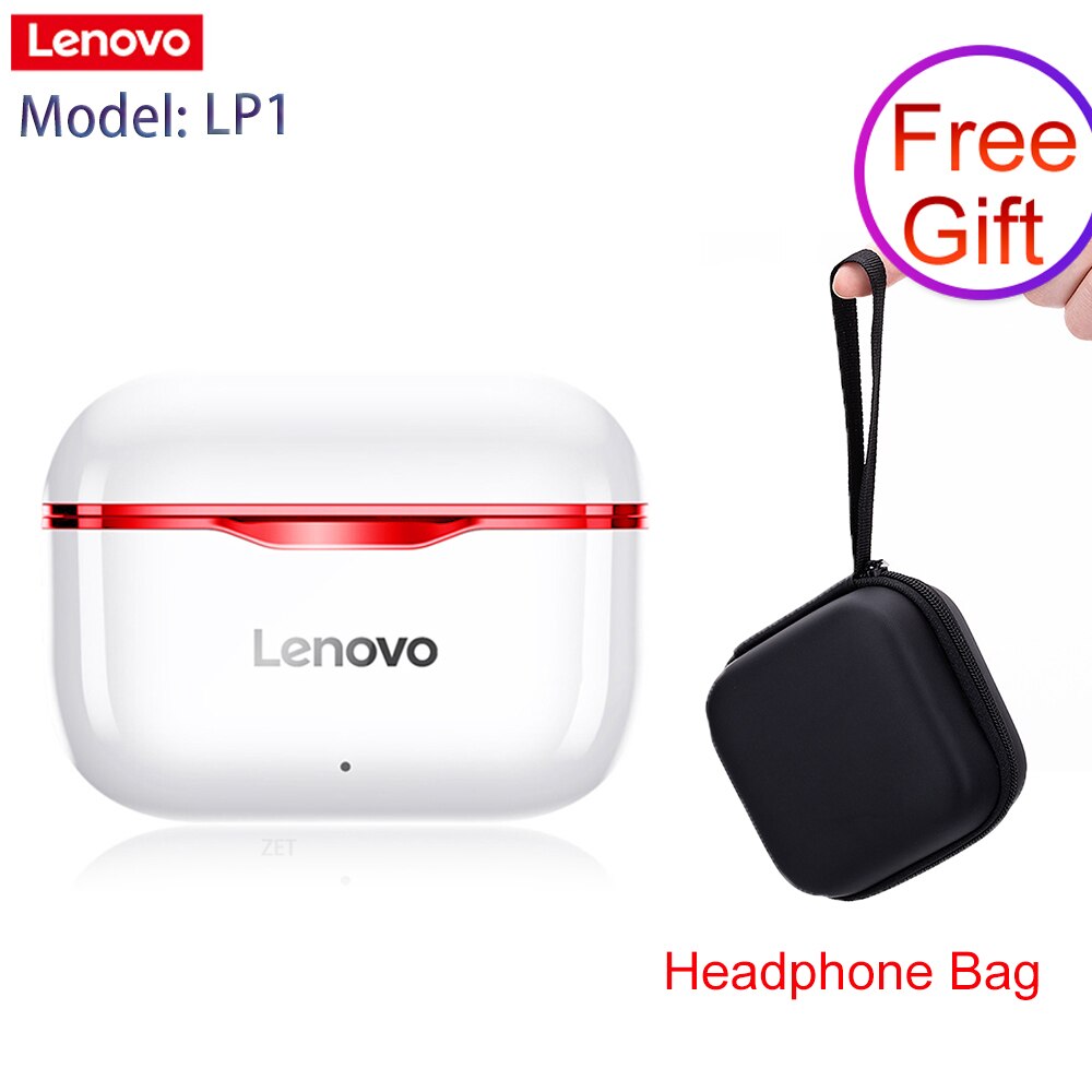 Lenovo LP1 TWS Wireless Earbuds BT5.0 True Wireless Headphones Dual Stereo Noise Reduction Bass Sport Headset with Mic 300mAh: Red with Bag