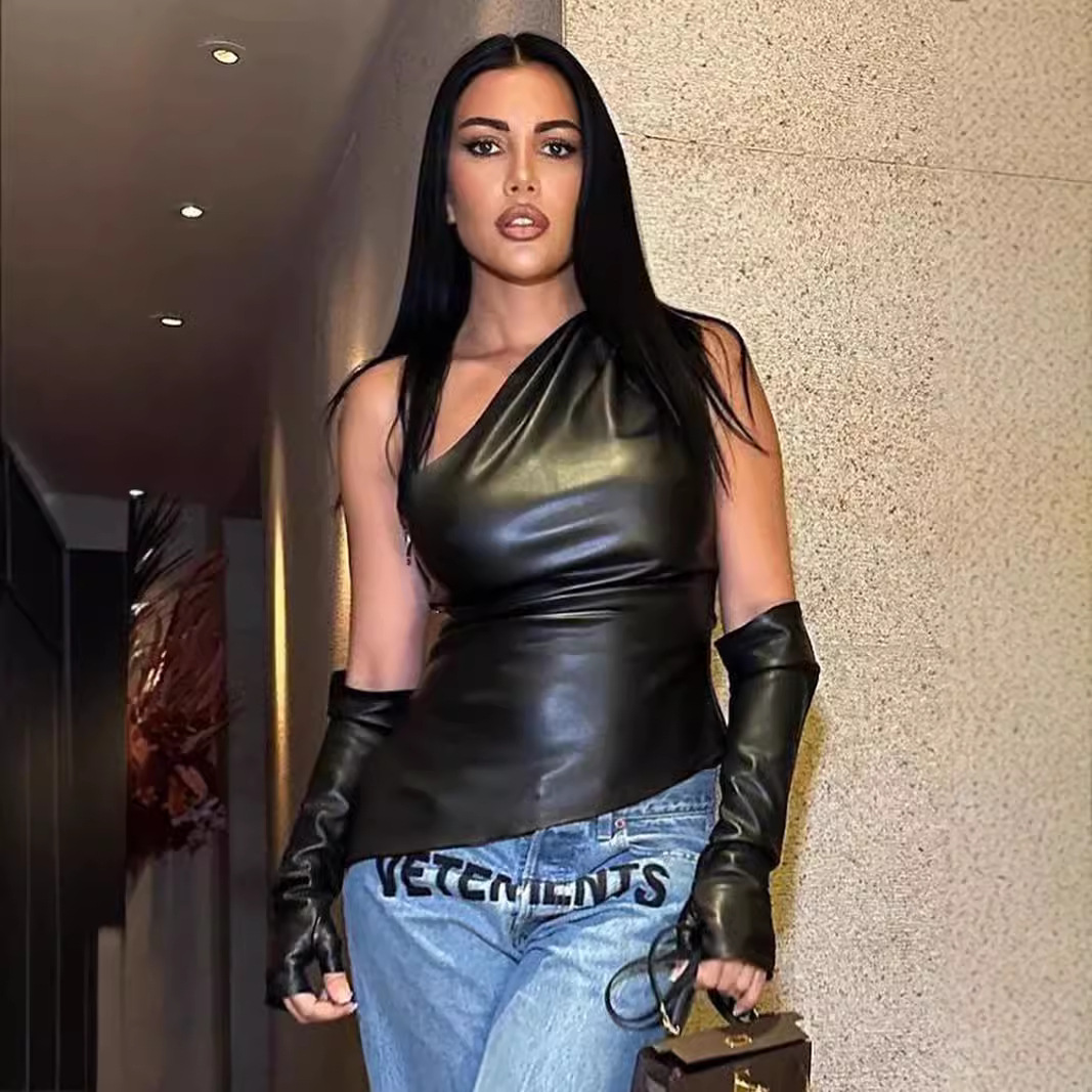 Efterårsgade hipster ærmeløs diagonal krave pu lædervest plusærmet dame crop top: S / Beige