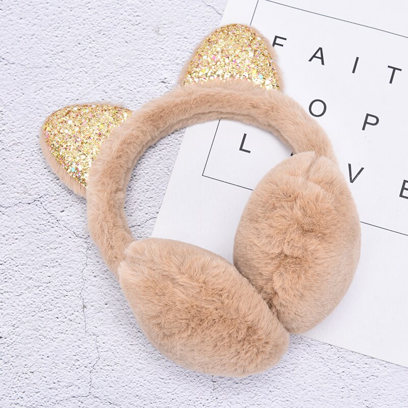 Cat Ear Muffs Earlap Glitter Sequin Earmuffs Headband Women Girl Fur Winter Ear Warmer Earmuffs: Kaki