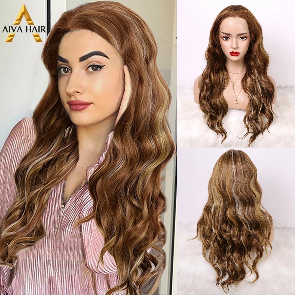 Aiva Hair Heat Resistant Long Wavy Synthetic Lace Front Wig High Density Highlight Blonde Wig Glueless Cosplay Wigs For Women