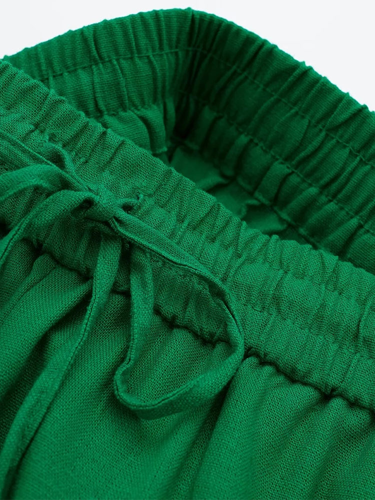 Summer Thin Linen Women Pants Drawstring High Waisted Side Pockets Full Length Straight Pant Female Trousers