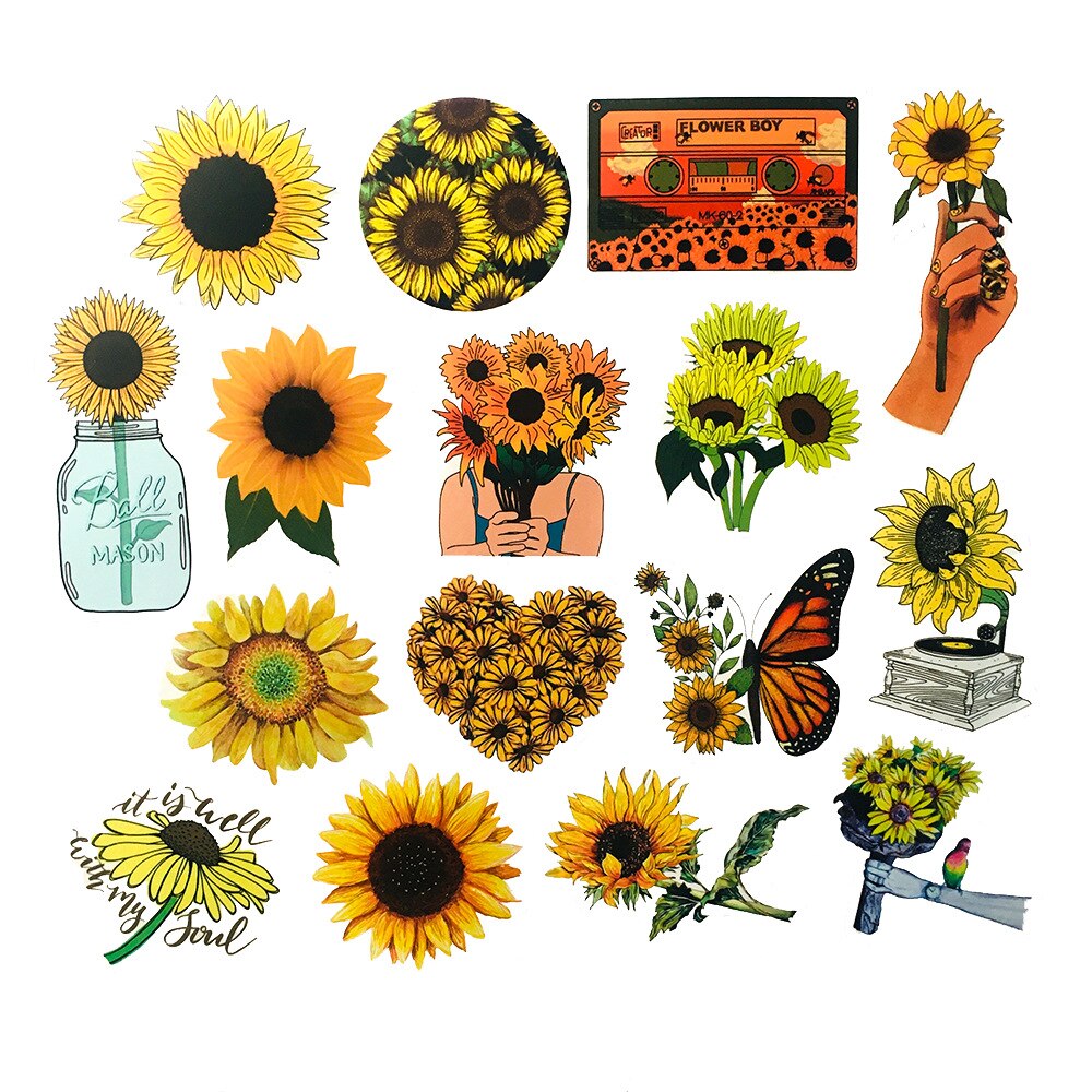 50pcs/Pack Sun Flower Stickers Laptop Bicycle Guitar Skateboard Sticker Kid DIY Graffiti Waterproof Stickers Toy