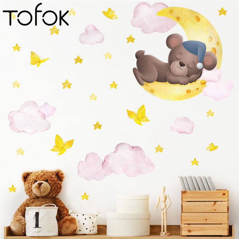 Tofok Cartoon Bear Clouds Wall Stickers Home DIY Wallpaper Decor for Children Nursery Room Wall Decorations Cartoon Decals