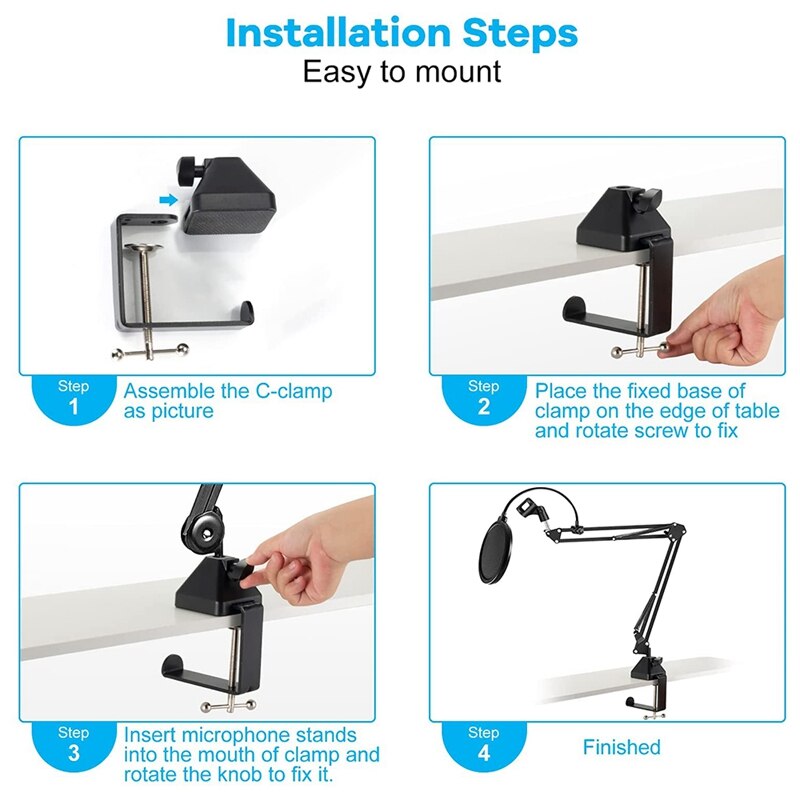 Heavy-Duty Table Mount Clamp, C Mounting Clamp Holder with Headset Hook Hanger for Microphone Suspension Boom Arm Stand