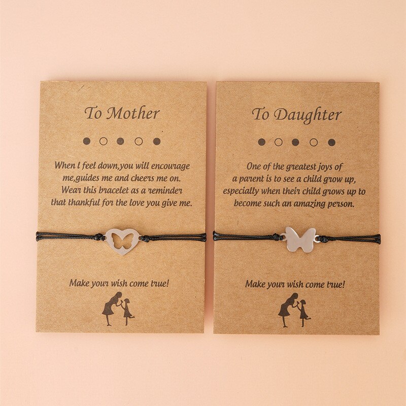 Pour Mère Une Pour Fille 2 Pièces/ensemble Vintage Boho Tressé Bracelets Pour Femme Fille En Acier Inoxydable Coeur Papillon Charme