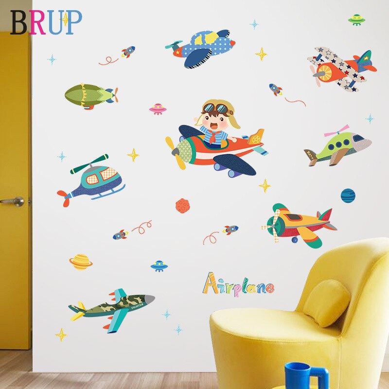 Cartoon Vliegtuig Muursticker Voor Kinderkamer Home Decoration Muurstickers Self-Garenloos Muurstickers Muurschilderingen Poster Kinderkamer
